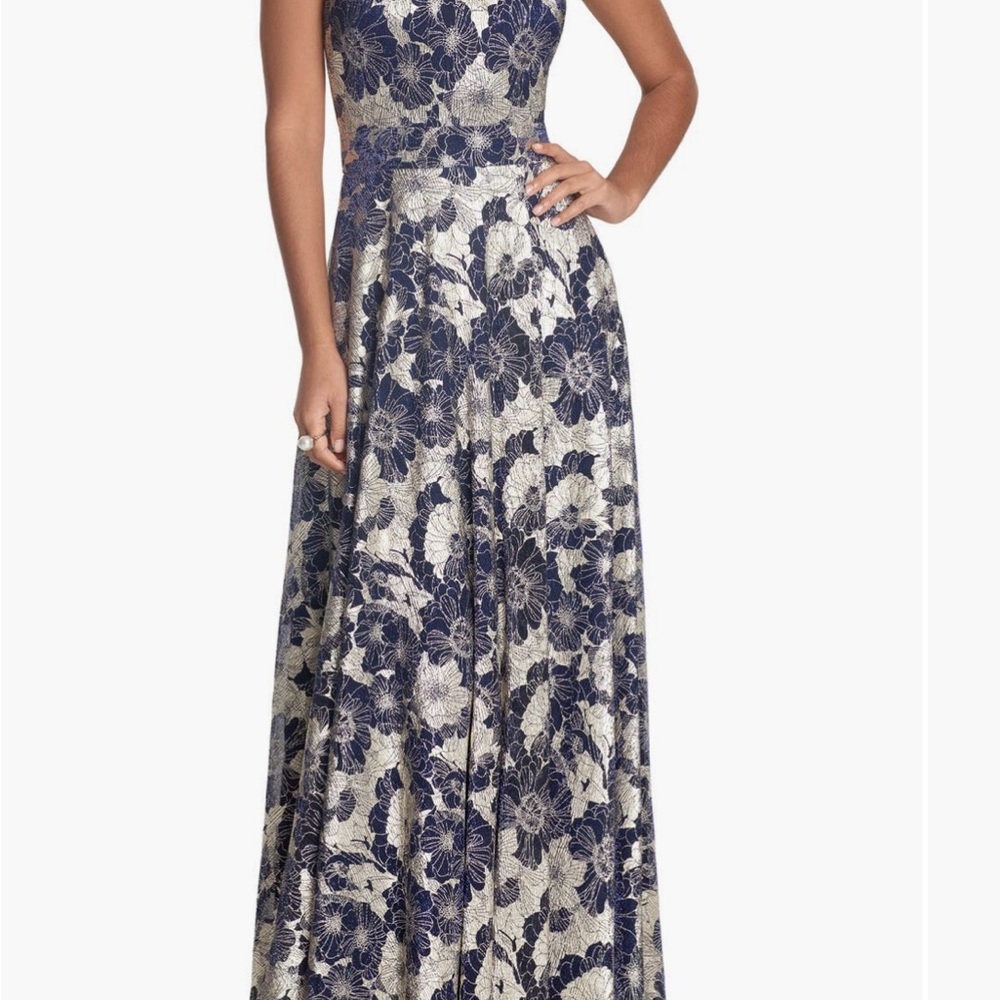 Betsy & Adam Blue and White Sleeveless V-neck Maxi Dress